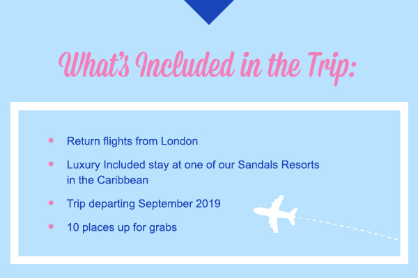 What’s Included in the Trip: Return flights from LondonLuxury Included stay at one of our Sandals Resorts in the CaribbeanTrip departing September 201910 places up for grabs